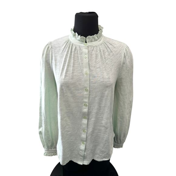 BODEN Petite Light Green Lace Trim Button Blouse Long Sleeve Cotton NWT | Size 6 - Picture 2 of 8